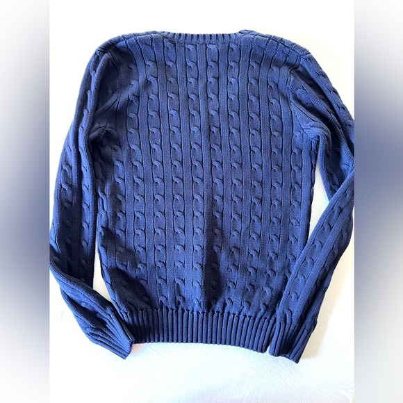 Ralph Lauren blue cable knit sweater, V-neck Sz M White Pony minimal Classic - Picture 9 of 10